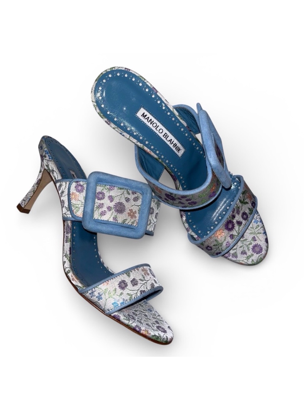 Manolo Blahnik Blue Sandals Floral Jacquard Heel Mules 6.5-7 Wedding Spring